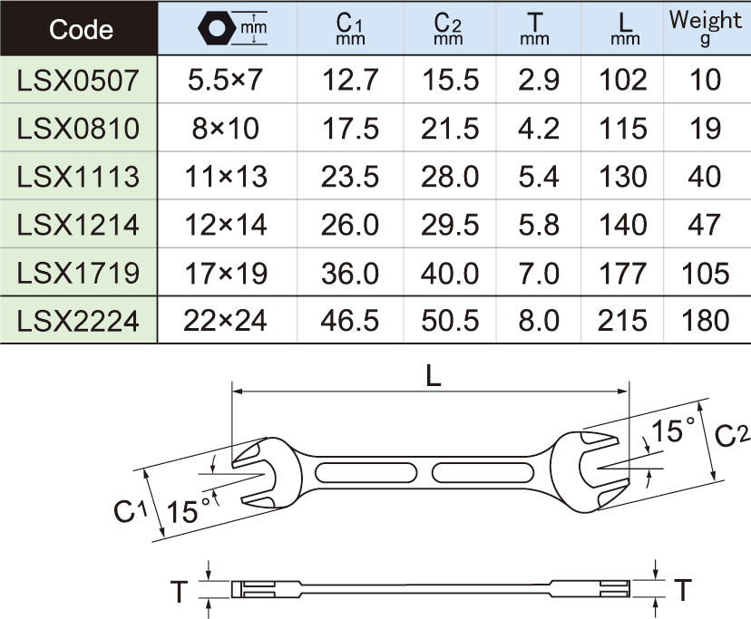 LSXS6 LIGHTOOL 6 pcs Double open end wrench set, 5.5x7 - 22x24 mm